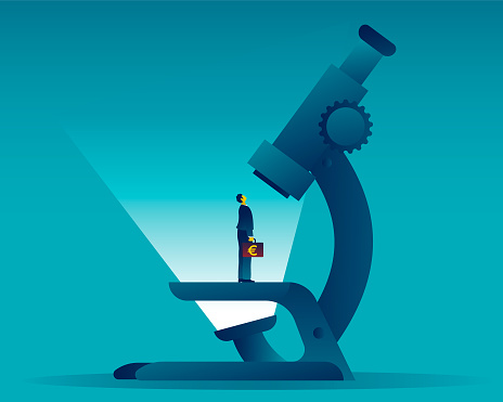 Businessman standing under a microscope. Investor research and analysis concept. Male subject.Vector illustration