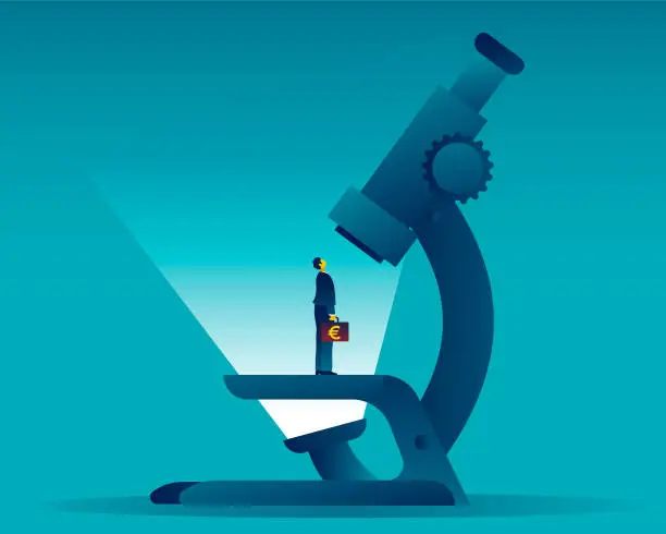 Vector illustration of Businessman standing under a microscope