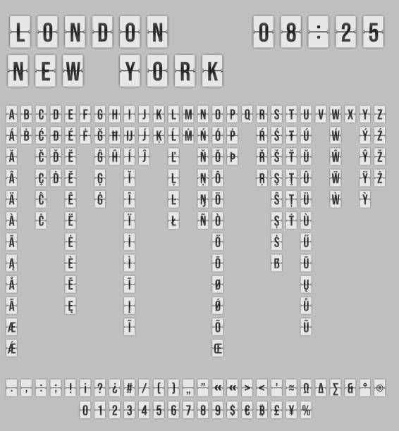 Set of mechanical flip countdown letters (whole latin alphabet, including numbers and special chars) on white background ready to use in your countdown counter, timer, airport scoreboard, clock design, etc.