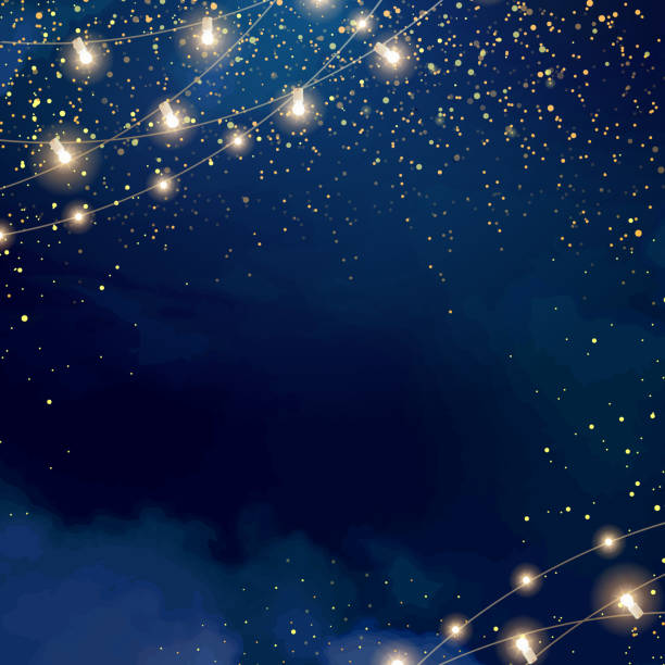 magiczna noc ciemnoniebieska ramka z błyszczącym brokatowym bokeh i lekką grafiką - merry christmas stock illustrations