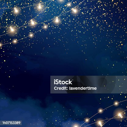 istock Magic night dark blue frame with sparkling glitter bokeh and light art 1407153389