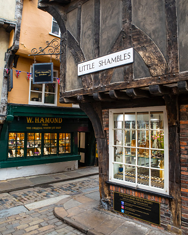 York, UK - June 6th 2022: The medieval street Little Shambles, in the historic city of York, UK.