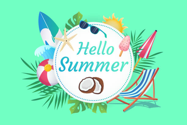 フラットな漫画のデザインの幸せな夏の背景。サーフボード、サングラス、ラウンジャー、ココナッツ、アイスクリーム、葉のテキストと構成の壁紙。ポスターまたはバナーテンプレートの� - text surfing surf palm tree点のイラスト素材／クリップアート素材／マンガ素材／アイコン素材