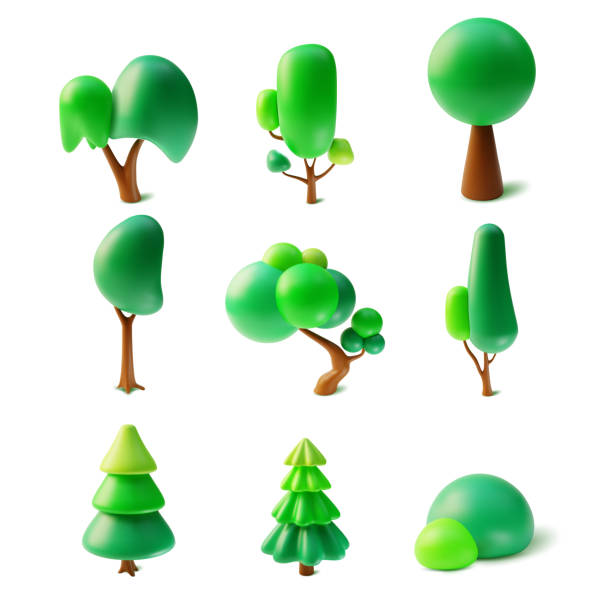 ilustraciones, imágenes clip art, dibujos animados e iconos de stock de 3d diferentes árboles verdes y arbustos conjunto de plastilina estilo de dibujos animados. vector - parte de planta