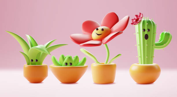 ilustraciones, imágenes clip art, dibujos animados e iconos de stock de 3d personaje mascota houseplant set plasticine cartoon style. vector - multi colored flower red flower head