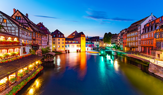 Scenic summer evening panorama view of the Old Town ancient medieval architecture with buildings and half-timber houses in Strasbourg, France