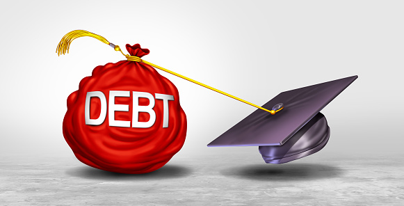 College debt and student financial concept as a graduation mortar board and diploma with a cast shadow as an icon for tuition loan repayment or lending and education financing with 3D illustration elements.