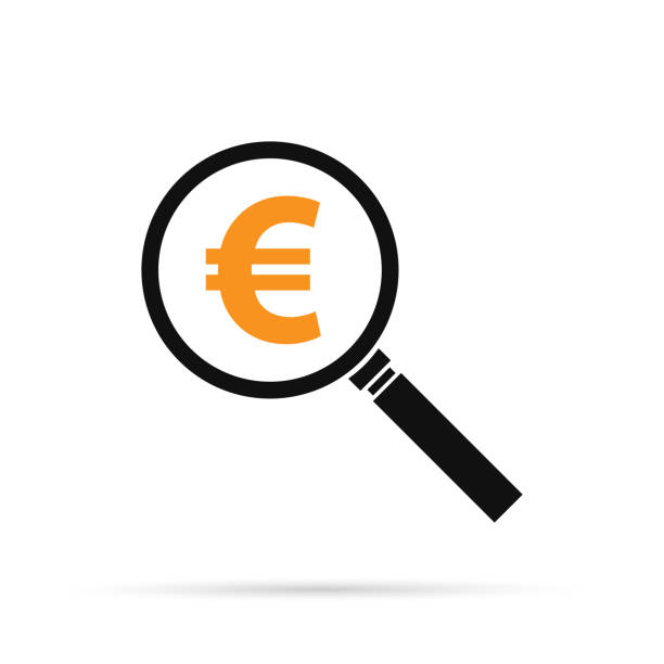 돋보기와 유로 아이콘입니다. - magnification coin equipment european union currency stock illustrations
