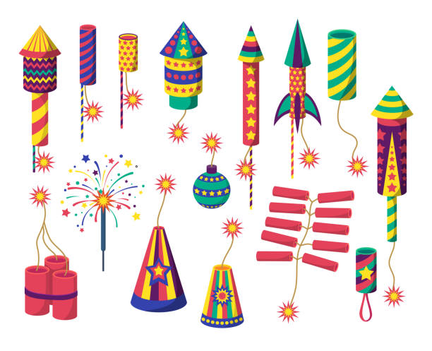 illustrations, cliparts, dessins animés et icônes de cartoon color different firecracker or pyrotechnics rocket icon set. vecteur - pétard à mèche