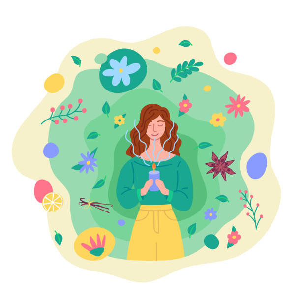 illustrazioni stock, clip art, cartoni animati e icone di tendenza di cartoon color character woman concetto di aromaterapia rilassante. vettore - aromatherapist