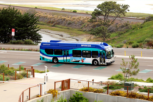 Encinitas, California, USA - July 4, 2022: NCTD Breeze Bus Route 101 from Oceanside to San Diego University Towne Center.