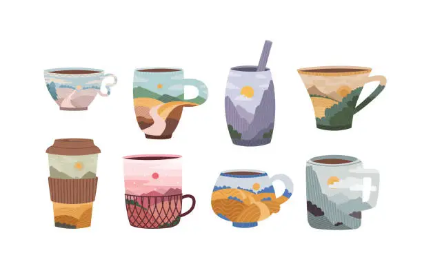 Vector illustration of Set of cups and mugs of coffee and tea with a landscape inside. Coffee to go, mate, cocoa, etc. Mountains, hills, sky and clouds. Vector flat illustration isolated on white background for your design