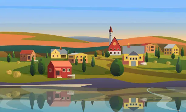 Vector illustration of European village or small town on river or lake in countryside landscape at sunrise