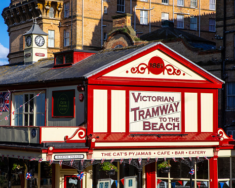Scarborough, UK - June 8th 2022: The exterior of the Victorian Cliff Tramway Station in the beautiful seaside town of Scarborough, North Yorkshire, UK.