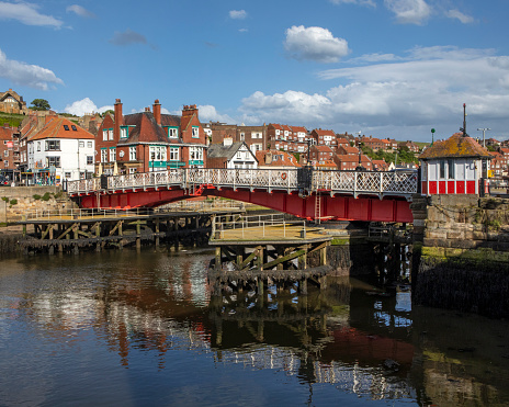 Whitby, UK - June 10th 2022: Whitby Swing Bridge in the seaside town of Whitby in North Yorkshire, UK.
