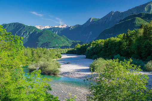 Isonzo River Valley near Kobarid with Julian Apls in background, Solvenia