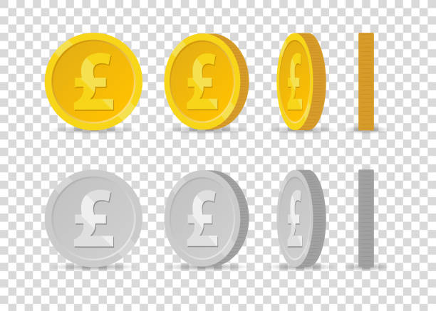 illustrazioni stock, clip art, cartoni animati e icone di tendenza di monete in sterline inglesi rotanti - gold pound symbol british currency currency