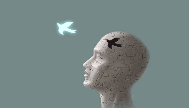 Conceptual art, concept of freedom, brain, life, mind, soul, spiritual, solution, and hope, surreal painting, A bird of jigsaw puzzle on human head. Conceptual art, concept of freedom, brain, life, mind, soul, spiritual, solution, and hope, surreal painting, A bird of jigsaw puzzle on human head. philosophy stock illustrations
