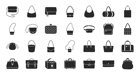 Women bags illustration including flat icons - purse, handbag, clutch, business briefcase, backpack, leather suitcase, postback, shopper. Glyph silhouette art about clothes accessory. Black color.