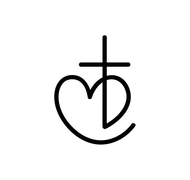 ilustrações, clipart, desenhos animados e ícones de logotipo cristão vetor preto monoline heart with cross. isolado no fundo. amor símbolo de religião minimalista desenhado à mão - cross shape cross heart shape jesus christ