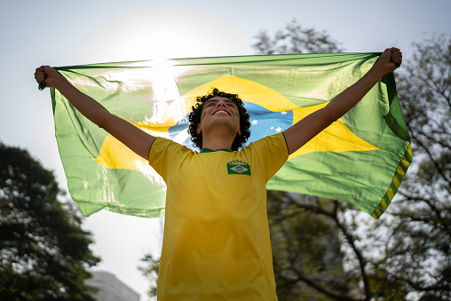 a soccer ball with Brazil Flag  on green grass