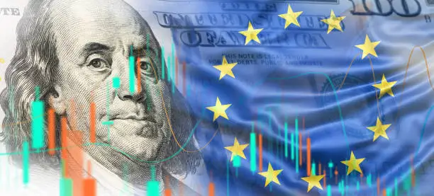 European union flag with financial data analysis graph showing market trends over American dollar