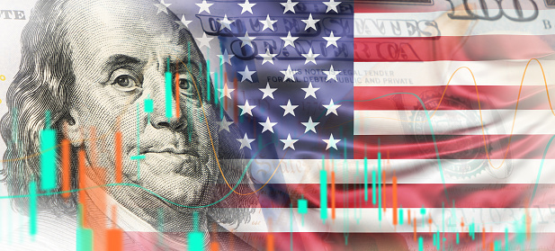 USA flag with financial data analysis graph showing market trends over American dollar