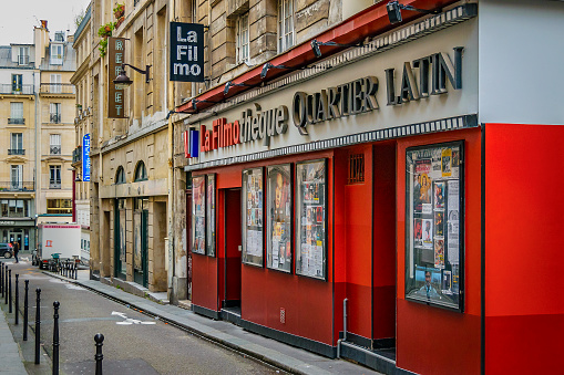 PARIS, FRANCE, JANUARY - 2020 - Exterior shot traditional cinema building, paris, france