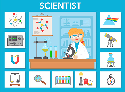 Puzzle. Profession. Scientist and scientific equipment