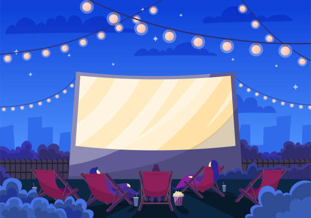 Cartoon Color Open Air Cinema Scene Concept. Vector Cartoon Color Open Air Cinema Scene Concept Flat Design Style Night City, Romantic Event. Vector illustration scenery video stock illustrations