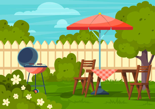 мультяшный цвет сад пикник задний двор сцена концепция. вектор - backyard stock illustrations