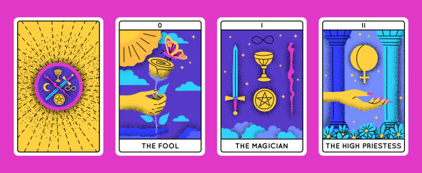 Cartoon Color Magical Tarot Cards Major Arcana Set. Vector Cartoon Color Magical Tarot Cards Major Arcana Set Concept Flat Design Style Include of Magician, Fool and High Priestess. Vector illustration fool moon stock illustrations