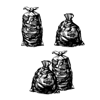 Sketch of plastic garbage bags. In black ink.