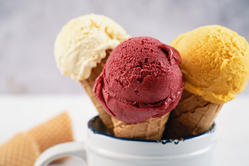 Vanilla, Berry and Mango Ice Cream in a Cone
