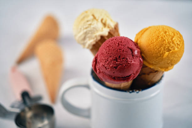 Vanilla, Berry and Mango Ice Cream in a Cone