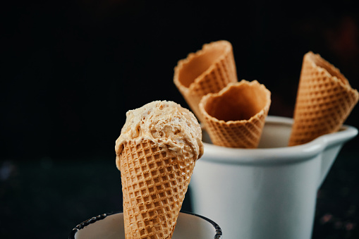 Pistachio, Chocolate, Strawberry and Vanilla Ice Cream in a Cone