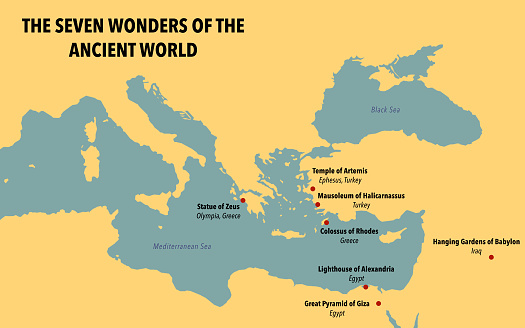 Map with the seven wonders of the ancient world