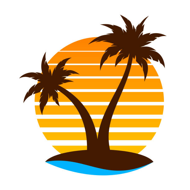 illustrations, cliparts, dessins animés et icônes de paysage de palmier tropical vague île logo plat - palm tree leaf tree frond