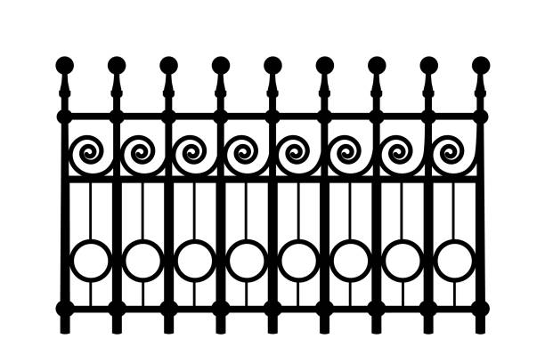 Decorative cast iron wrought fence silhouette with artistic forging isolated on white background. Metal guardrail. Steel modular railing. Vintage gate with swirls. Black forged lattice fence. Stock vector illustration victorian house stock illustrations