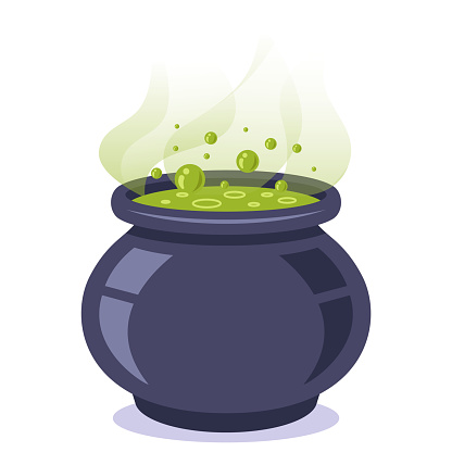 the witch vat of green slurry. magic potion. flat vector illustration.
