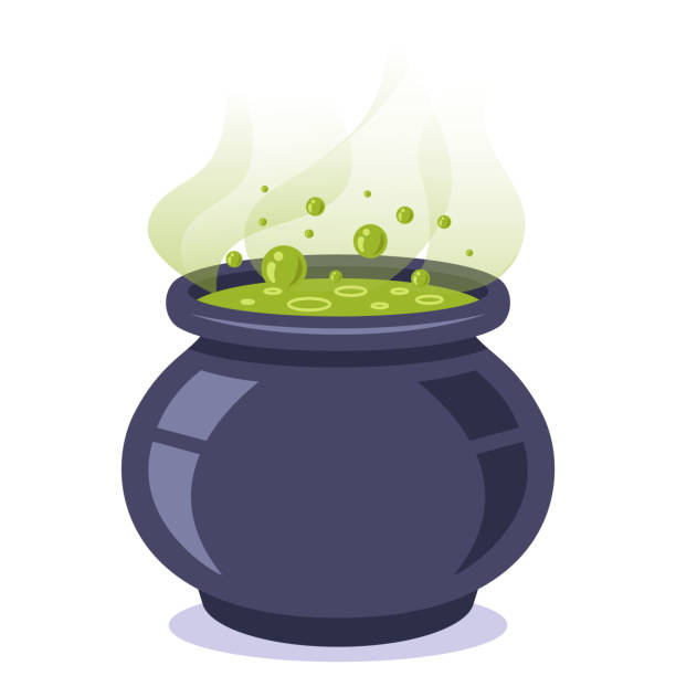the witch vat of green slurry. magic potion. flat vector illustration. the witch vat of green slurry. magic potion. flat vector illustration. cauldron stock illustrations