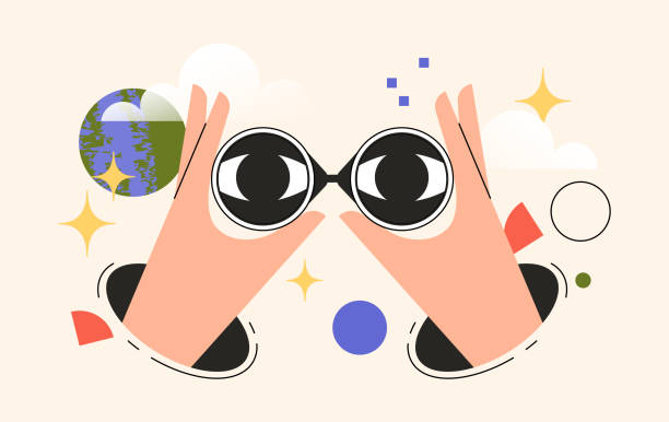searching binocular vector Hands holding binoculars. Concept of search, research or strategy for business. The eyes look forward through the lens. Vector illustration for web or user interface. personal perspective stock illustrations