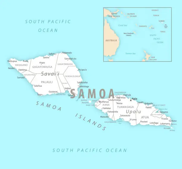 Vector illustration of Samoa detailed map with regions and cities of the country.