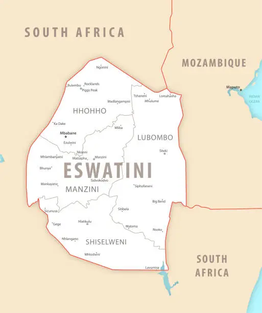Vector illustration of Eswatini detailed map with regions and cities of the country.