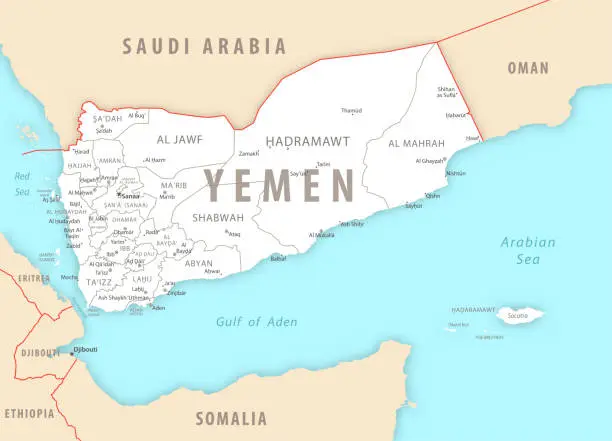 Vector illustration of Yemen detailed map with regions and cities of the country.