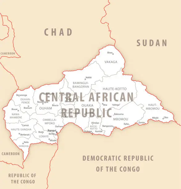 Vector illustration of Central African Republic detailed map with regions and cities of the country.