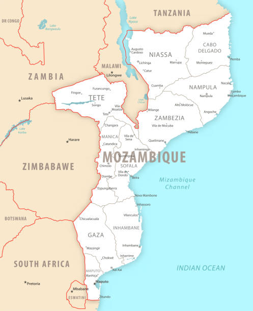 Mozambique detailed map with regions and cities of the country. Mozambique detailed map with regions and cities of the country. Vector illustration mozambique stock illustrations