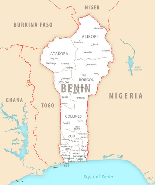 Benin detailed map with regions and cities of the country. Benin detailed map with regions and cities of the country. Vector illustration plateau drawing stock illustrations