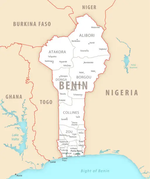 Vector illustration of Benin detailed map with regions and cities of the country.