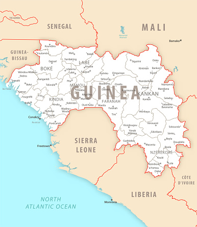 Guinea detailed map with regions and cities of the country. Vector illustration